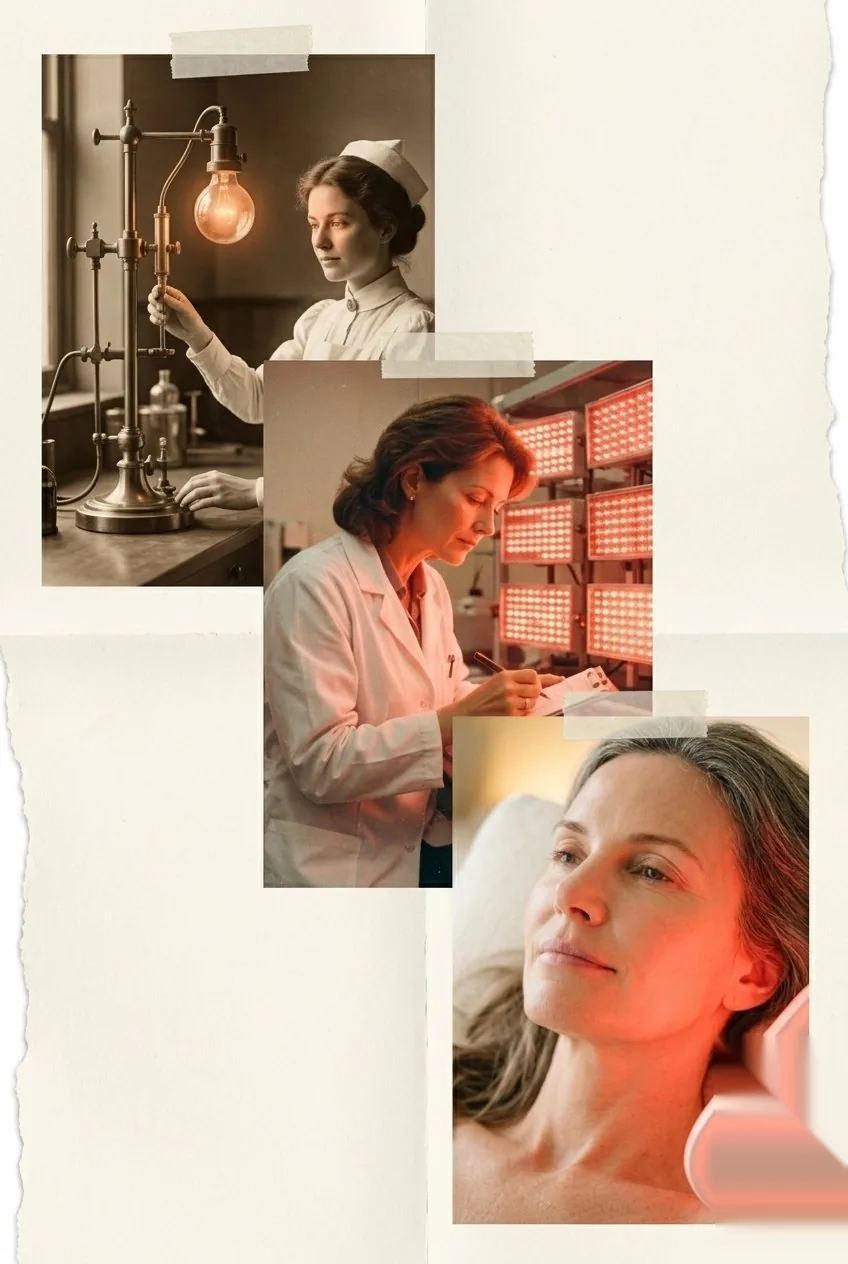 A heritage collage of light therapy: an early-1900s laboratory, mid-century red LED research panels, and a woman receiving modern red light treatment