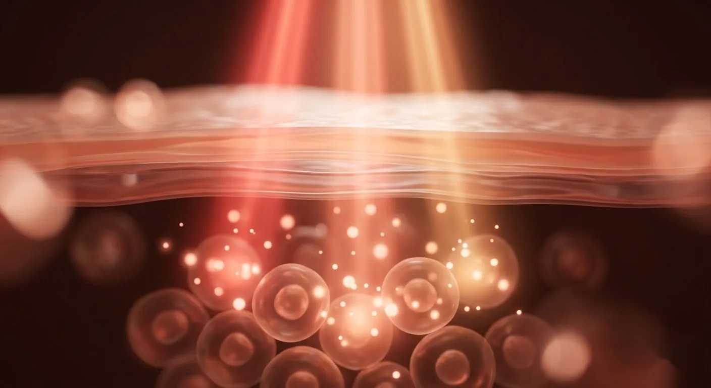 Abstract visualization of warm red light passing into the skin and energizing cells below