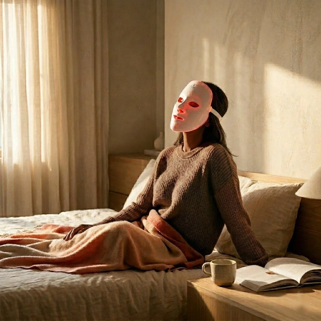 A woman relaxes on her bed wearing the Aurora Glow LED light therapy mask in warm morning light